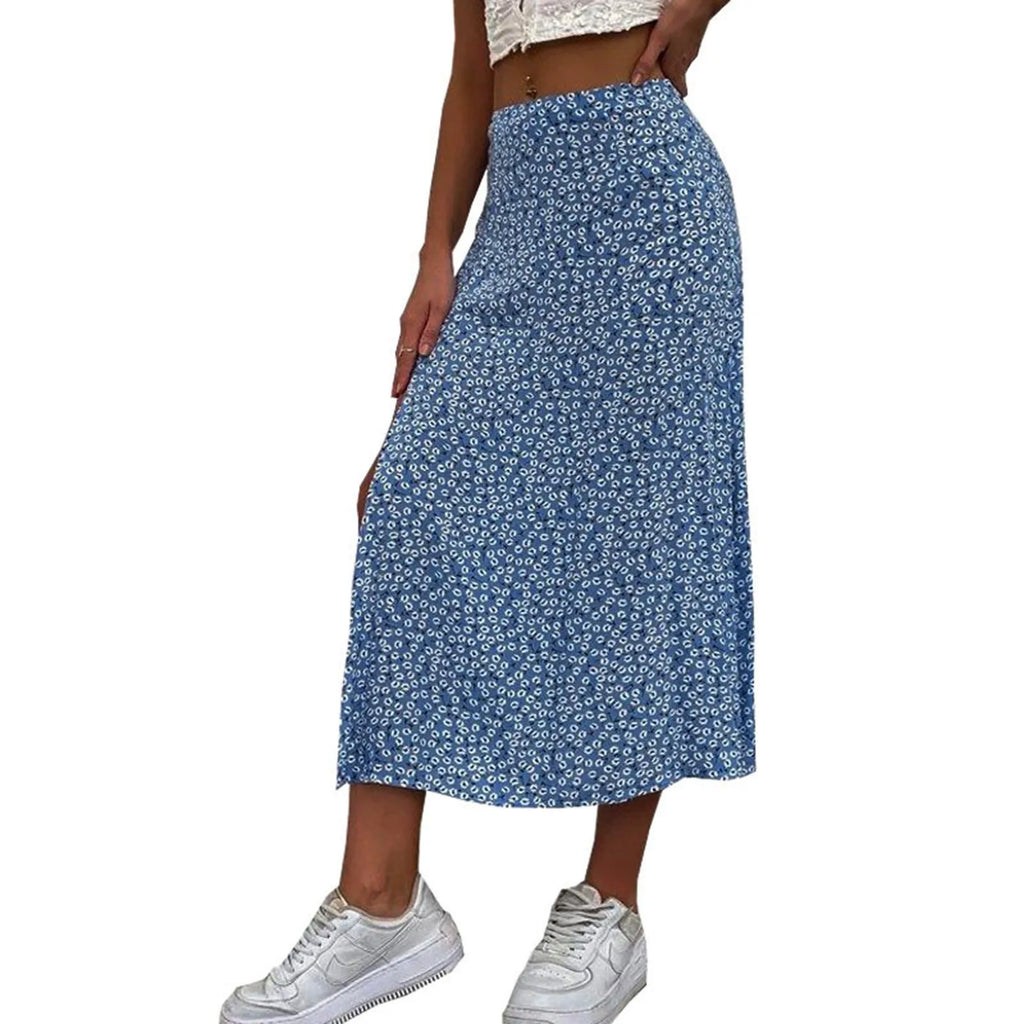 Harajuku Floral Print Long Skirt Vintage High Rise Straight Midi Skirts For Women Summer Skinny Bohemian Split Beach Skirts Y2k