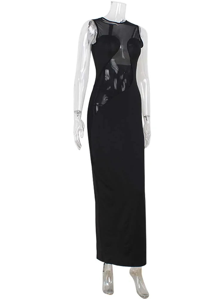 Ahagaga Summer Sexy Club Women Maxi Dresses Mesh Patchwork Sheer O-Neck Elegant Sheath Split Bodycon Party Elegant Vestidos