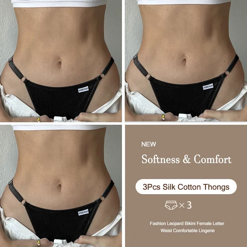 3PCS Women's Panties Cotton Thongs Adjustable Waist Sexy G-String Solid Color Seamless Intimate Female Underpants Lingerie S-XL