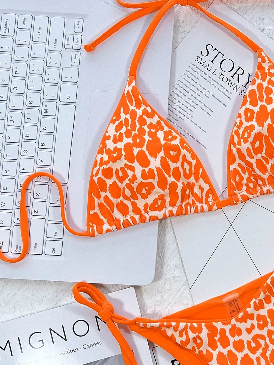 Zebra Print Halter micro Bikini 2025 women Bandeau String Swimsuit Female swimwear Neon Shiny bikini set Leopard Bathing Suit