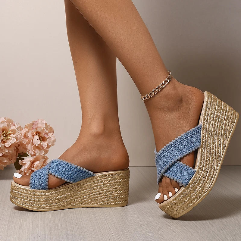 Woven Chunky Platform Sandals Women Fashion Cross Band High Heels Slippers Woman Plus Size Thick Sole Summer Sandles Mujer 42