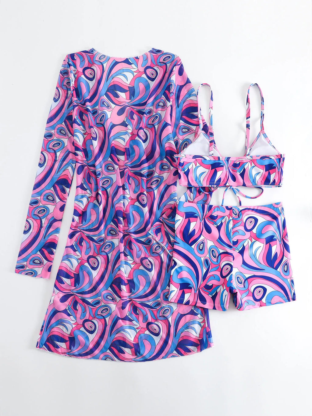 New Sexy 3 Pieces Suit for Women Neck Hanging Bikini Set+Cover-up Swimwear Sunproof Tankini High Waist Shorts Swimsuit Beachwear