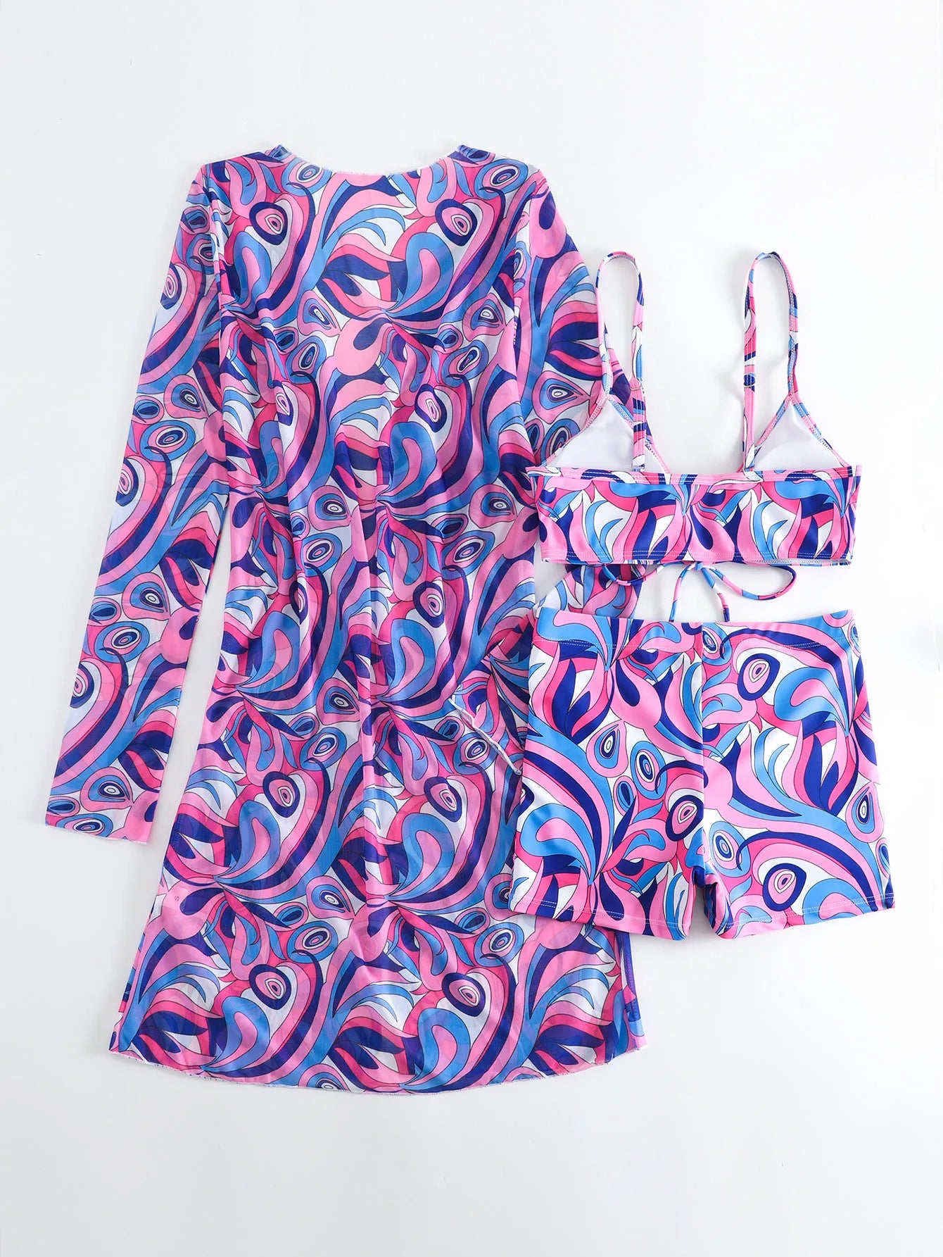 New Sexy 3 Pieces Suit for Women Neck Hanging Bikini Set+Cover-up Swimwear Sunproof Tankini High Waist Shorts Swimsuit Beachwear