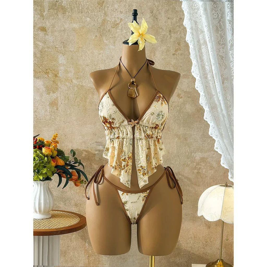 Glitter Sequin Printed Tankini Halter Bikini Women Swimwear Female Swimsuit Two-pieces Bikini set Bather Bathing Suit Swim V8067