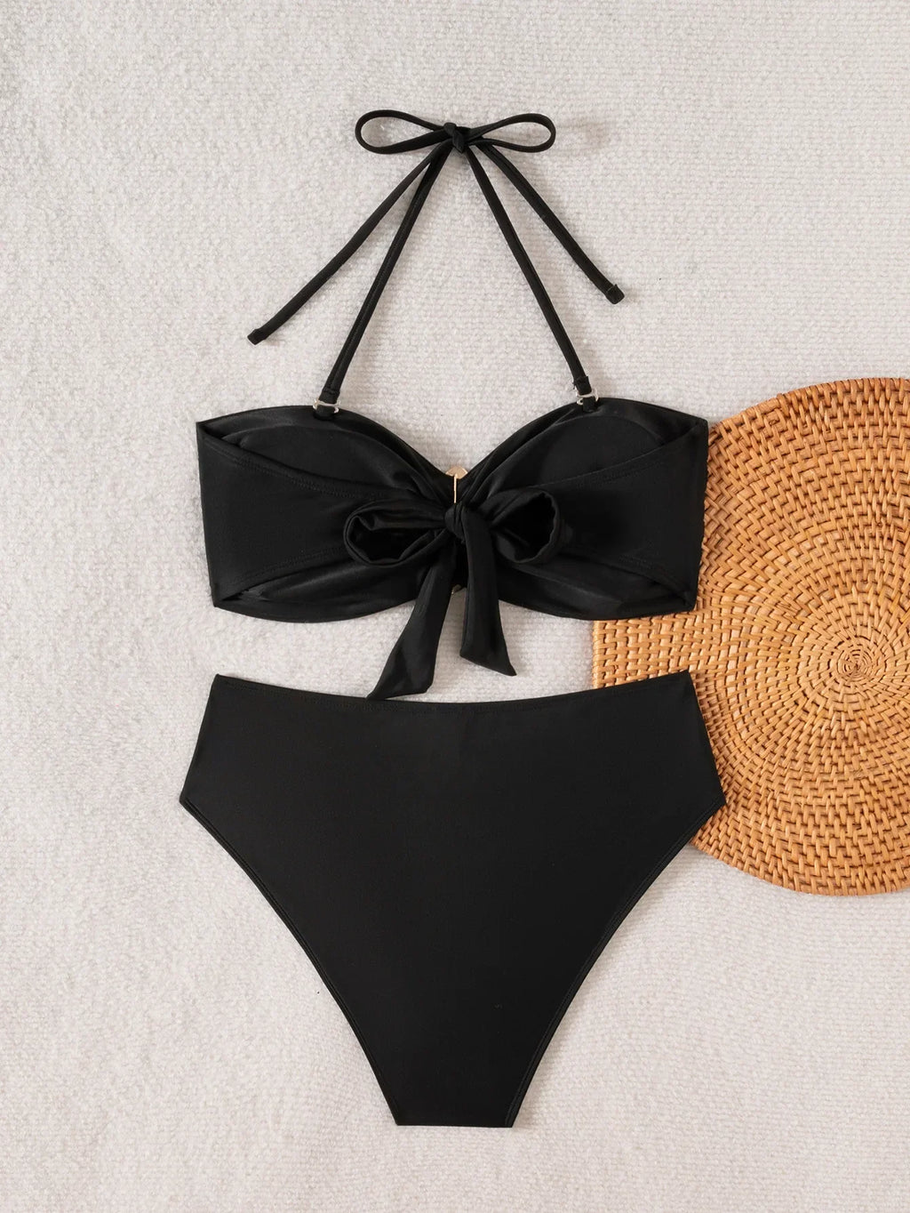 S - XL Metal Rings Halter Female Swimsuit High Waist Bikini Women Swimwear Two-pieces Bikini set Bather Bathing Suit Swim Lady