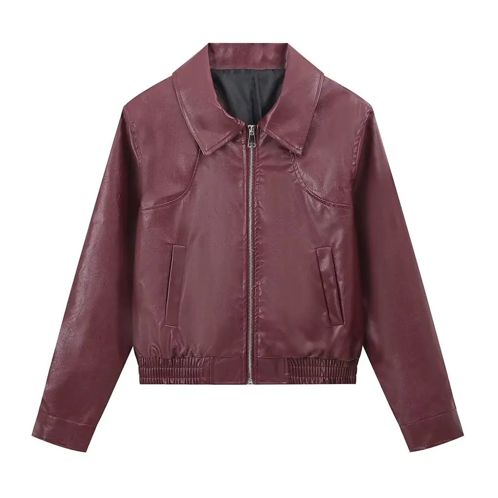 Foridol Wine Red Vintage Faux Leather PU Coat for Women Long Sleeve Turn Down Collar Zipper Autumn Winter Coat Jacket