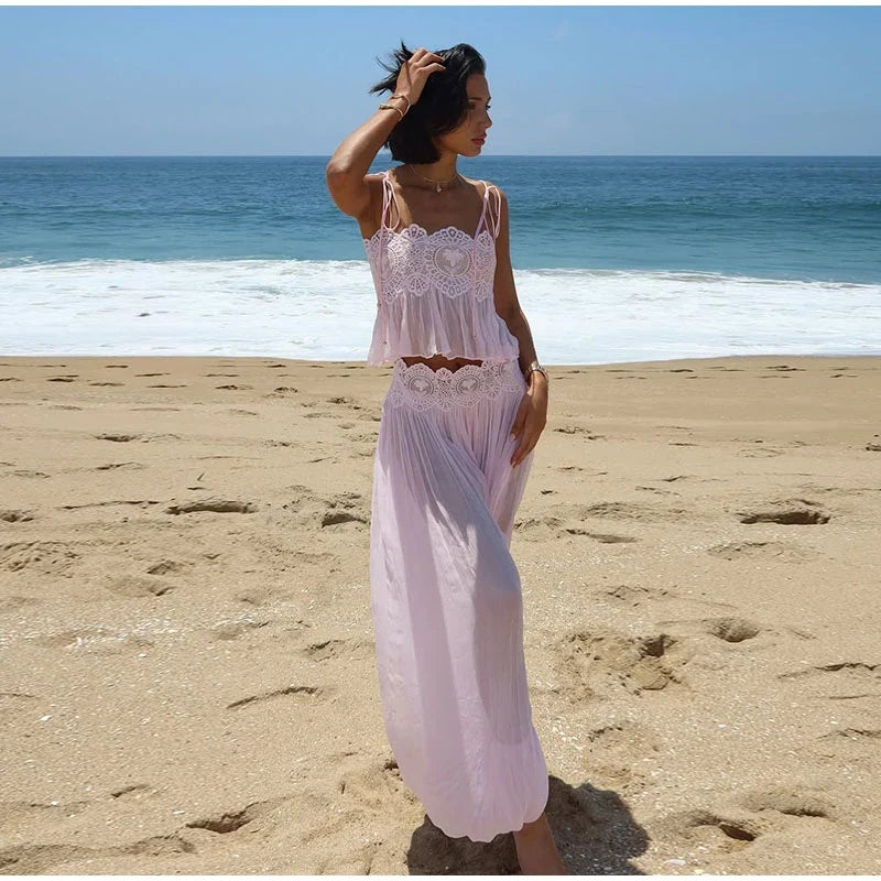 Women Pant Set Sheer Layers Spaghetti Strap Backless Lace Top Straps Solid Loose Straight Elastic Hem Fashion Beach Chic Suits