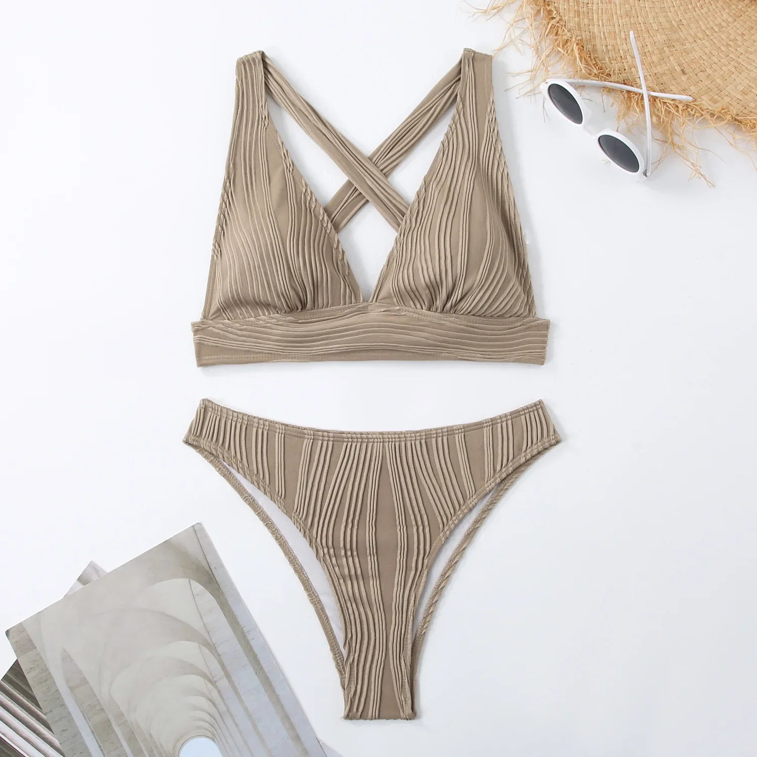 Wrinkled Crinkled Cross Back Bikini Women Swimwear Female Swimsuit Two-pieces Bikini Set High Cut Bathing Suit Swim Beach Wear