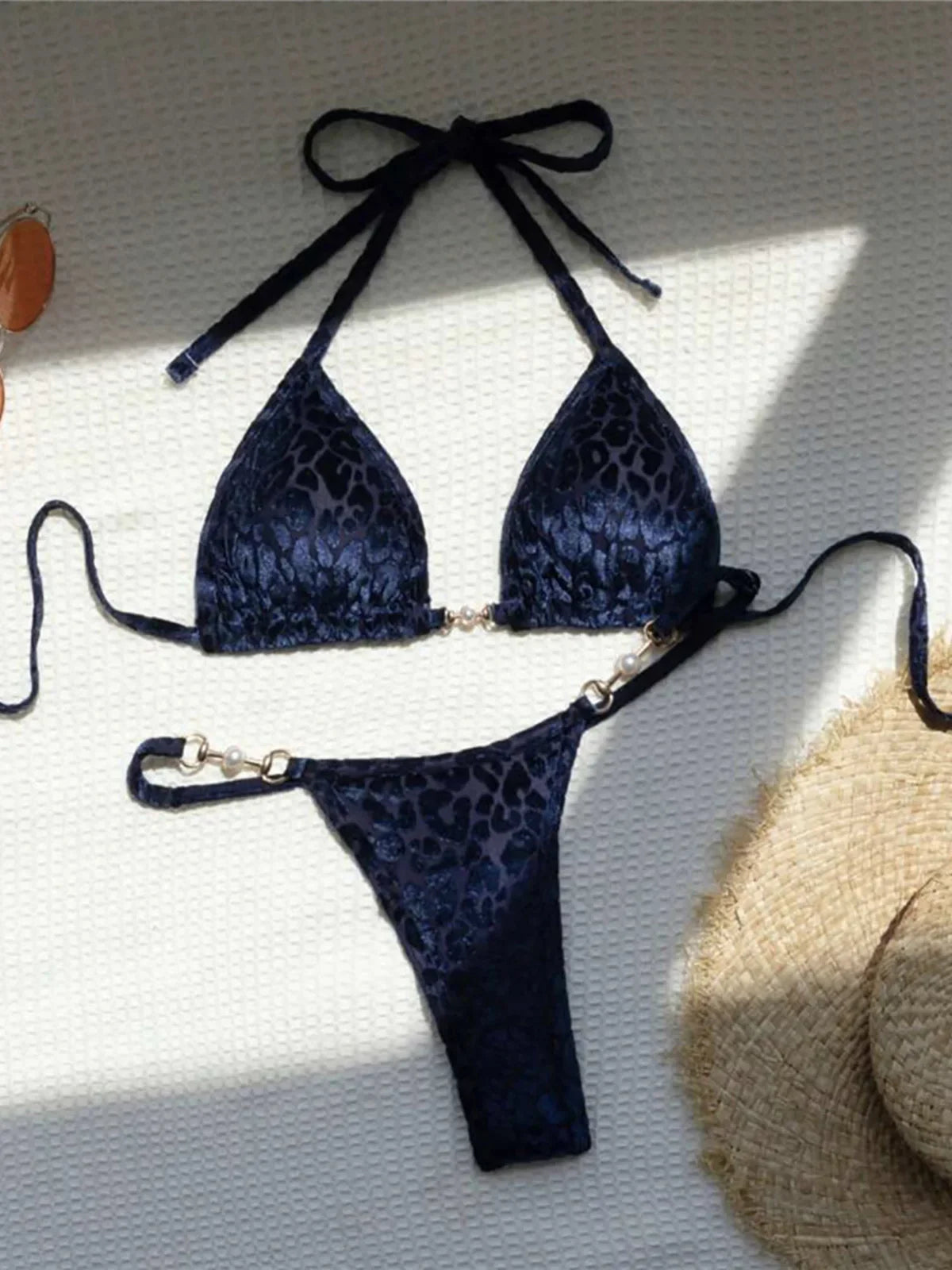 S - XL Leopard Pearl Mini Micro Thong Bikini Female Swimsuit Women Swimwear Two-Piece Bikini Set Bather Bathing Suit Swim V5207B