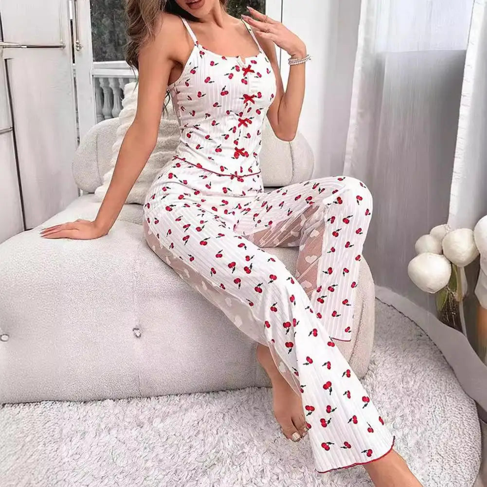2 Pcs/Set Women Vest Pants Suit Homewear Sleepwear Outfit Bow Heart Print Sleeveless Shirring Edge Top Mesh Patchwork Trousers