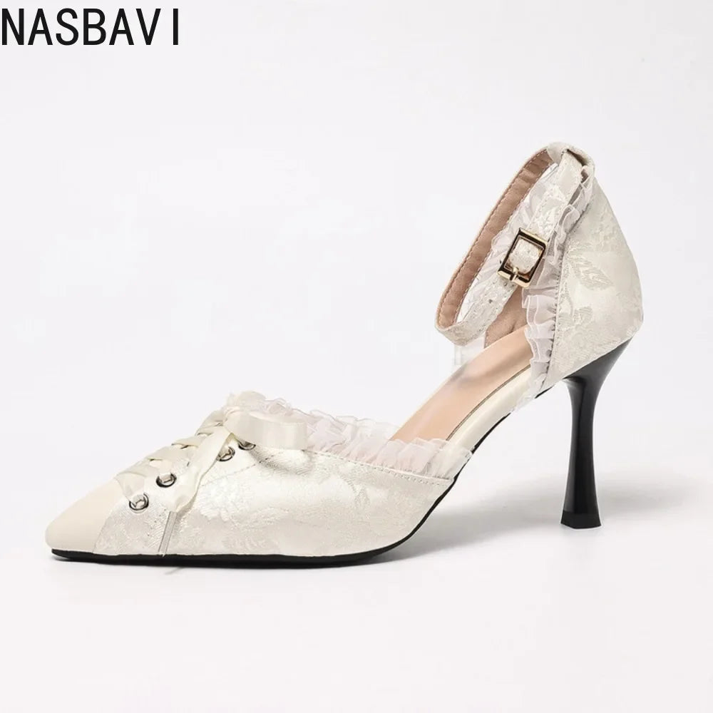 Spring Women's Sandals Pointed Toe Thin Heels 8cm Ankle Buckle Strap French Lace Up Ladies Pumps Dress Shoes Sandals New 2026