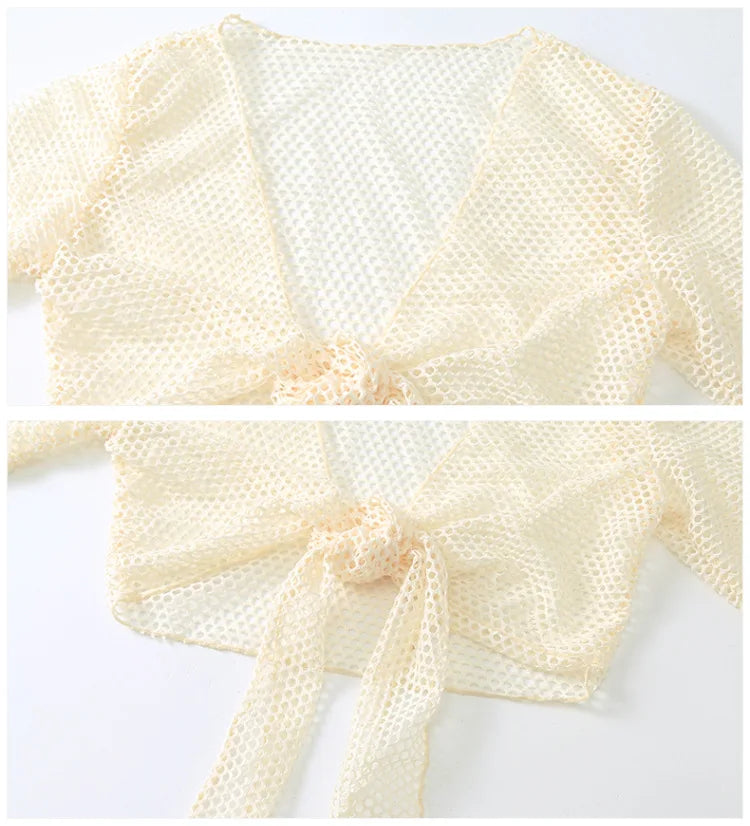 New Korean Push Up Bikinis Sets Solid Beige Long Sleeve Cover Up Mesh Skirt 4 Piece Swimsuit Beach Holiday Bathing Suit Swimwear