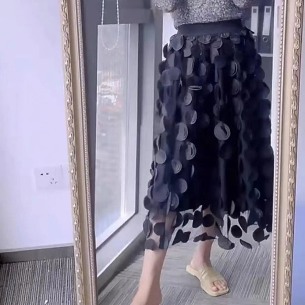 Women Summer Maxi Skirt Retro A-Line Large Hem Skirt Solid Color 3D Dot Decor High Waist Long Skirt