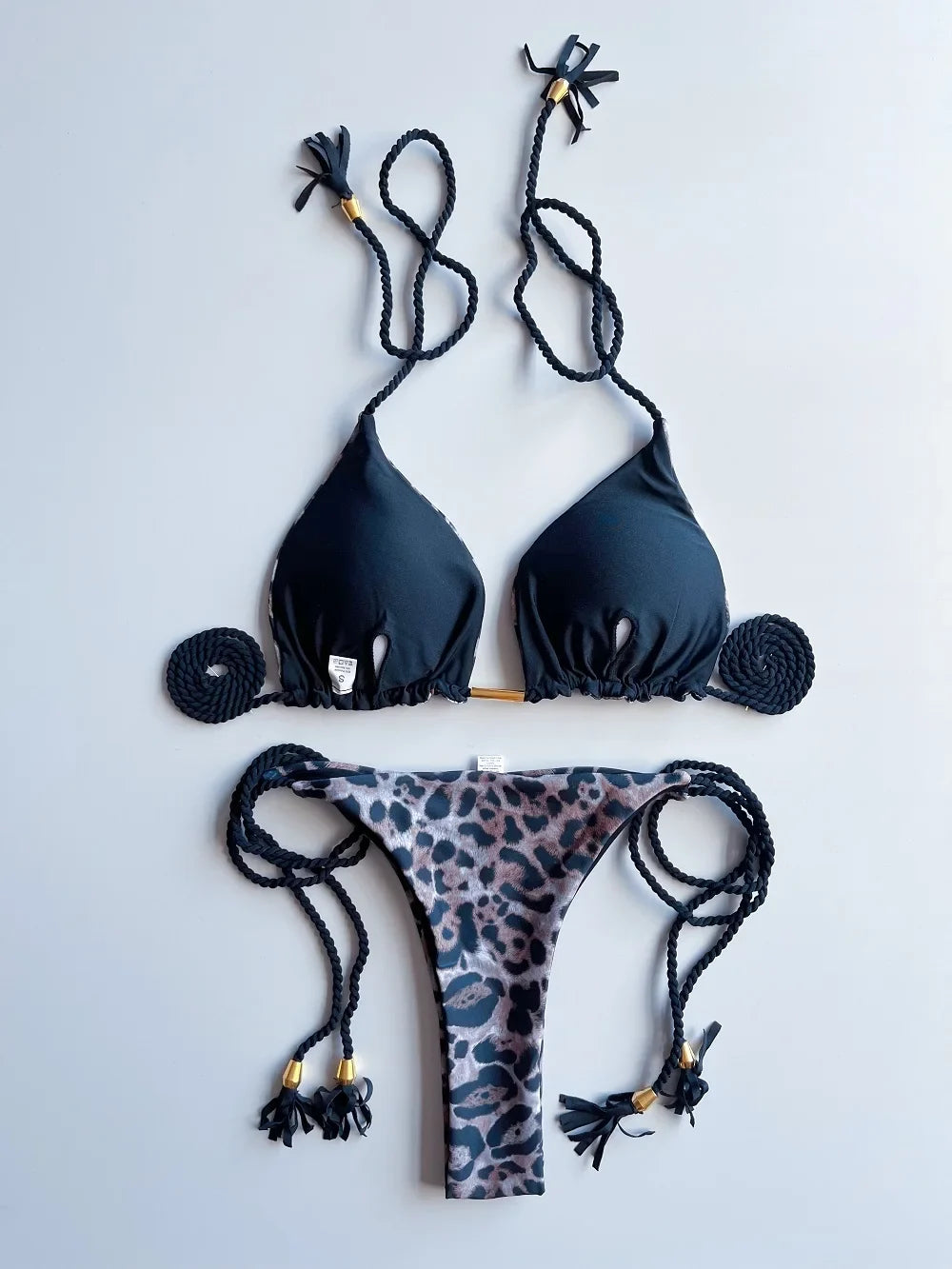 2026 Sexy Leopard Print Swimwear Women'S Split Bikini Set Woven Rope Strap Fringe Beach Women'S Two-Piece Swimsuit Bathing Suit