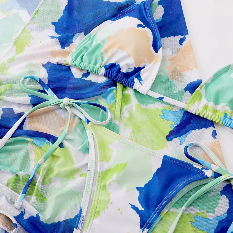 DEKA Sold Triangle Bikini Set Blouse Swimsuit Women Printed Halter Swimwear Cover Up Beach Wear 3 Pieces Sheer Bathing Suit