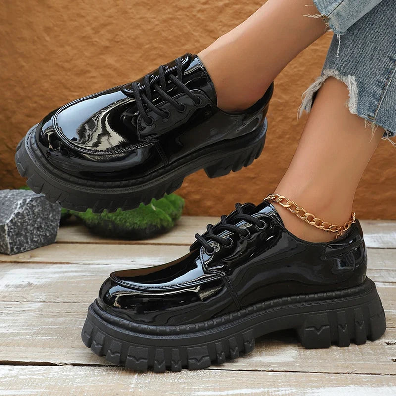 Black Patent Leather Platform Loafers Women 2025 Autumn Thick Bottom Pu Leather Shoes Woman Plus Size Lace Up Student Shoes 42