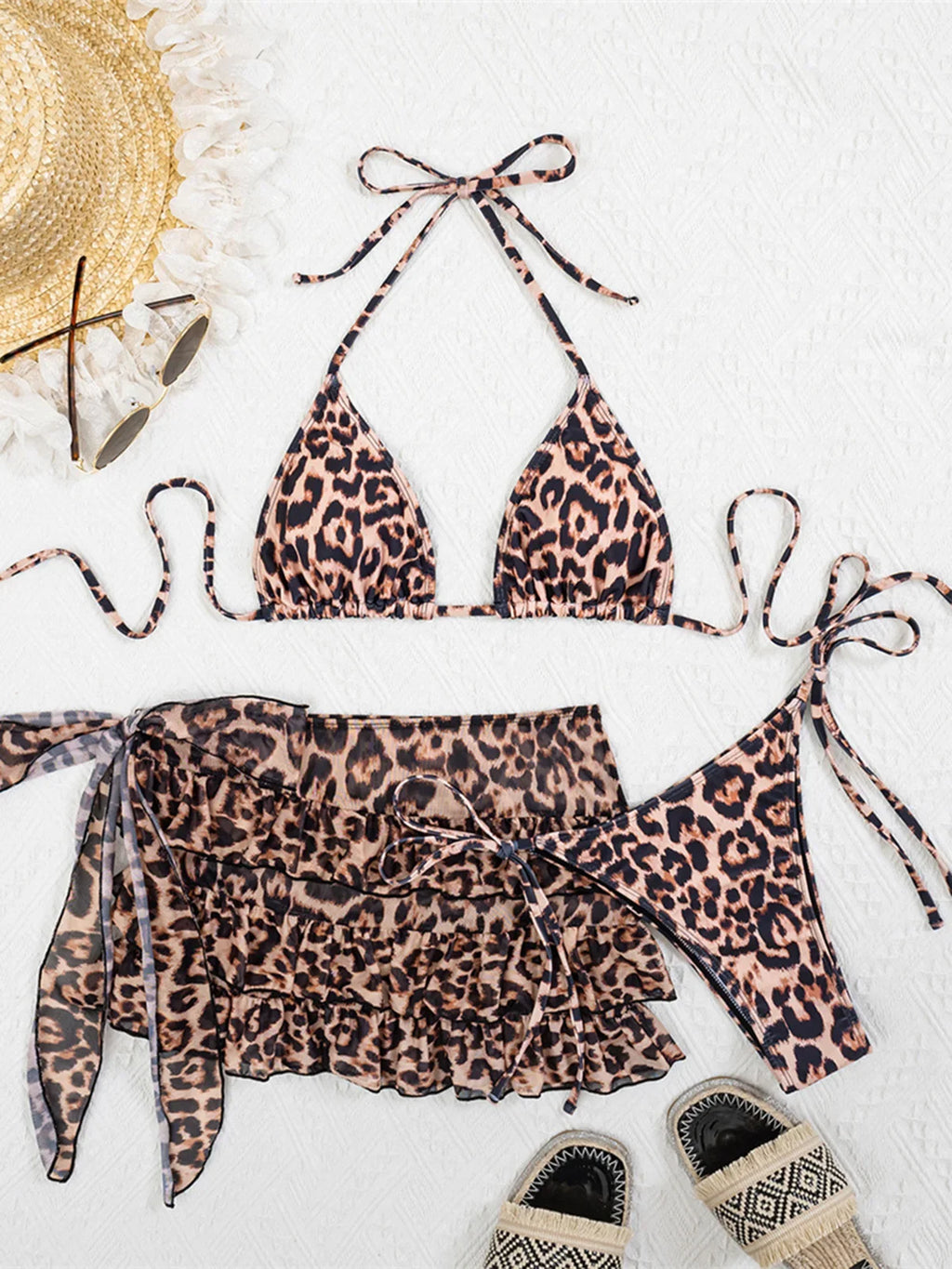With Skirt Leopard Halter Bikini Female Swimsuit Women Swimwear Frilled Bather Bathing Suit Swim Three-pieces Bikini set K8068