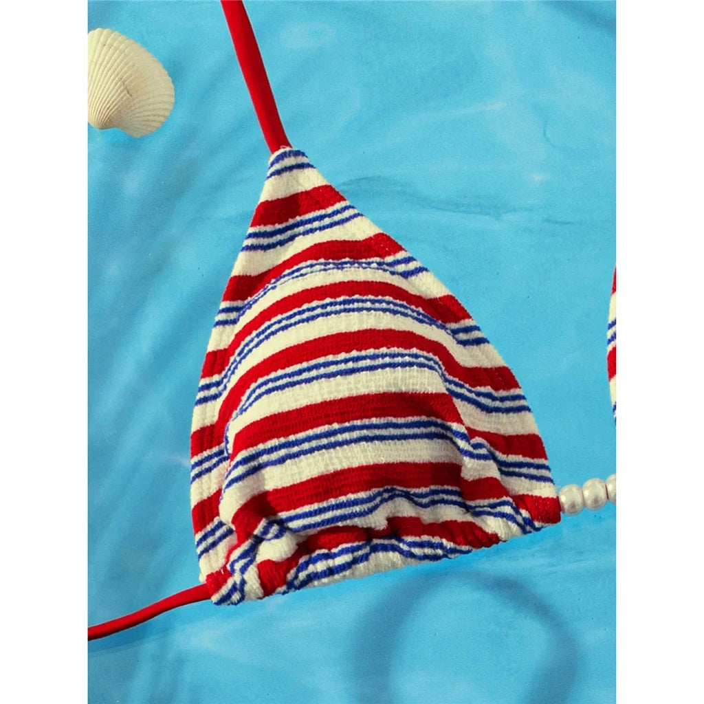 S - XL With Shorts Striped Halter Bikini Women Swimwear Female Swimsuit Three-pieces Bikini set Bather Bathing Suit Swim V8130