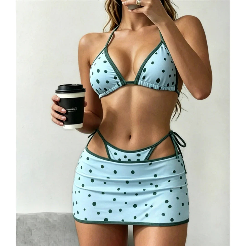 With Skirt Polka Dot Halter Bikini Female Swimsuit Women Swimwear Three-Pieces Bikini Set Strappy Bather Bathing Suit Swim V8380