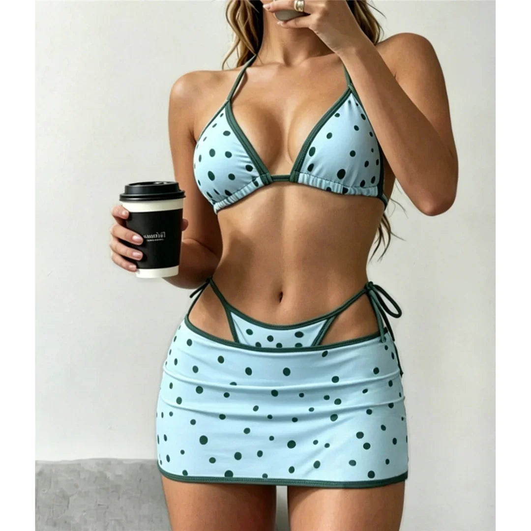 With Skirt Polka Dot Halter Bikini Female Swimsuit Women Swimwear Three-Pieces Bikini Set Strappy Bather Bathing Suit Swim V8380
