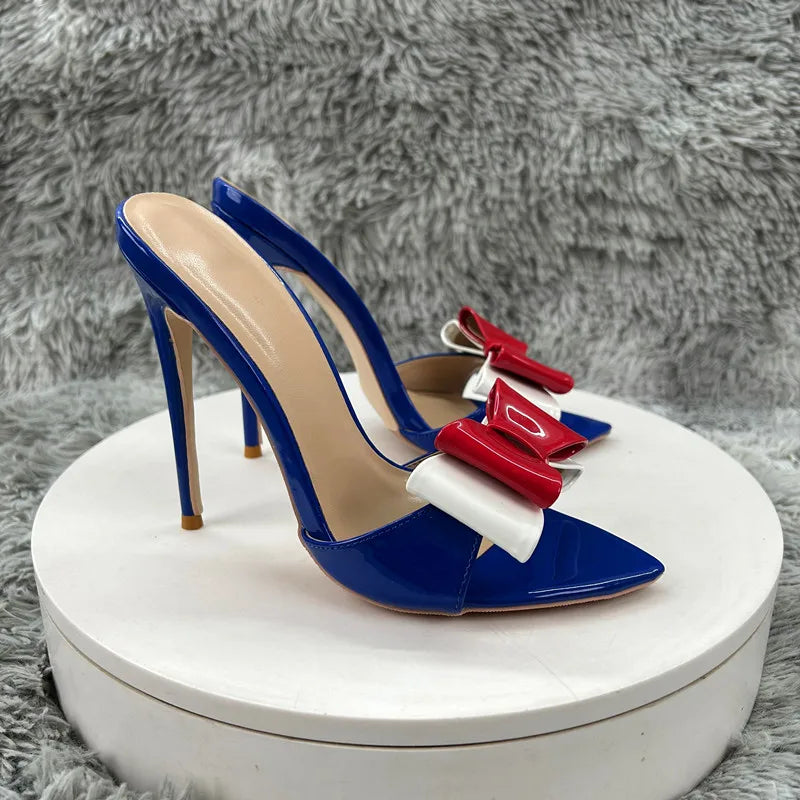 blue patent leather Pointy Toe  Sandals With  Bow Women Summer Casual Thin High Heel Shoes Female Outfit Evening Cross Strap Mul