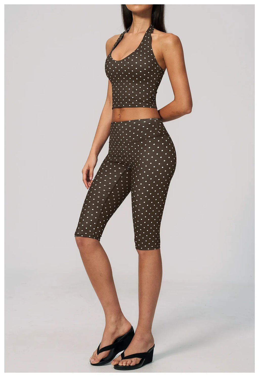 New Summer Women White Polka Dot Print Yoga Sets Hanging Neck Slim Sport Vest High Waist Mid Pants Gym Two-piece Workout Clothes