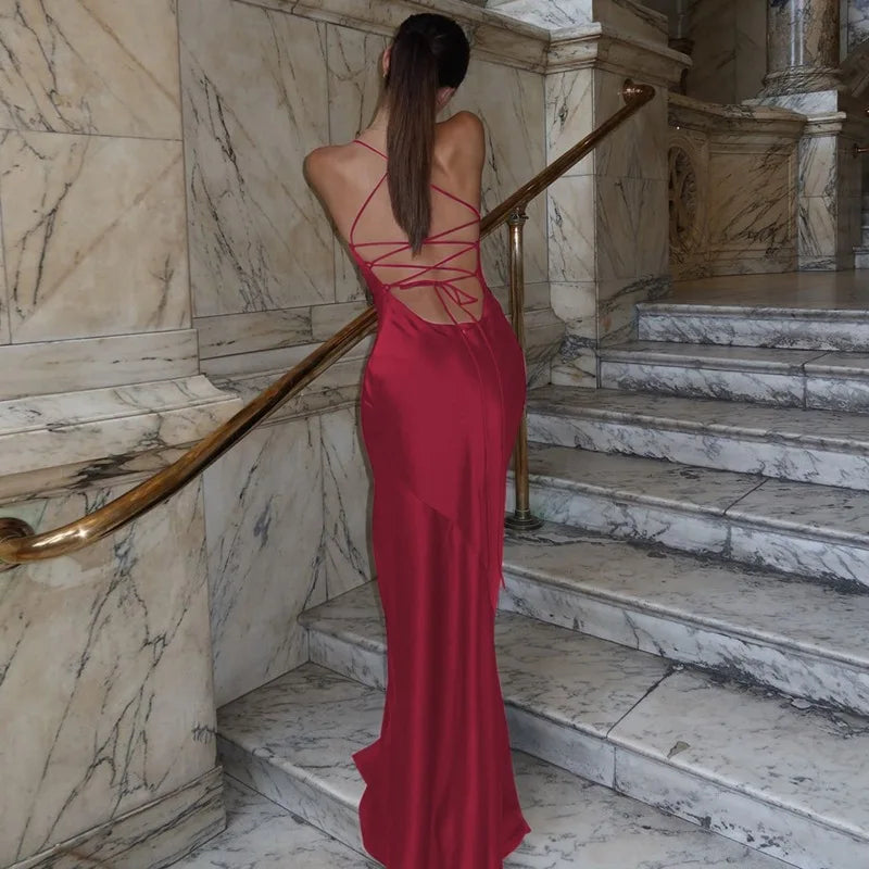 FDYOUI Women's Bandage Long Maxi Satin Dress Black 2026 Sexy Spaghetti Strap Slash Neck Backless Lace-up Party Evening Dresses