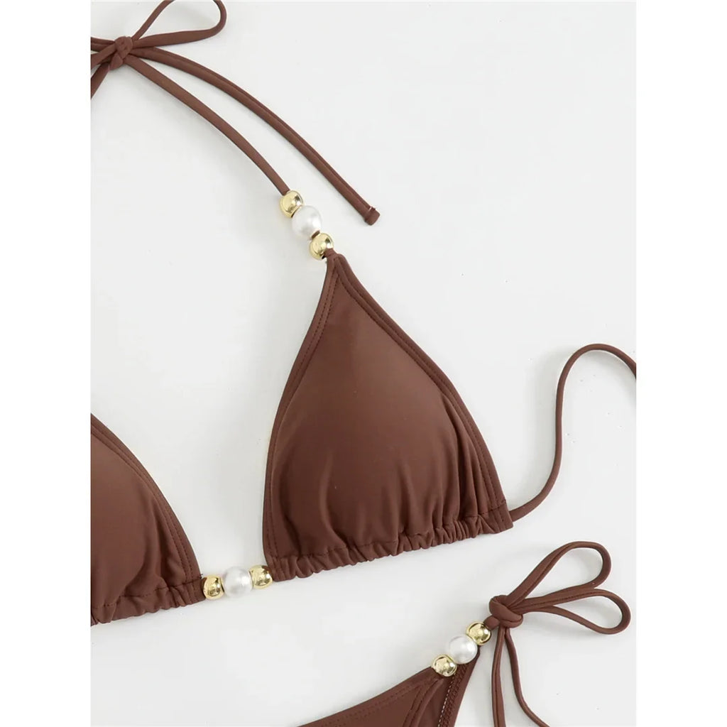 New Halter Pearls Bikini Women Swimwear Female Swimsuit Two-pieces Bikini set High Leg Cut Padded Bather Bathing Suit Swim K7194