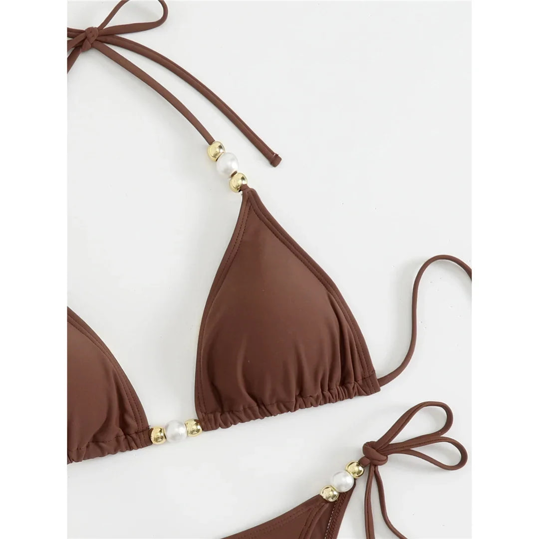 New Halter Pearls Bikini Women Swimwear Female Swimsuit Two-pieces Bikini set High Leg Cut Padded Bather Bathing Suit Swim K7194