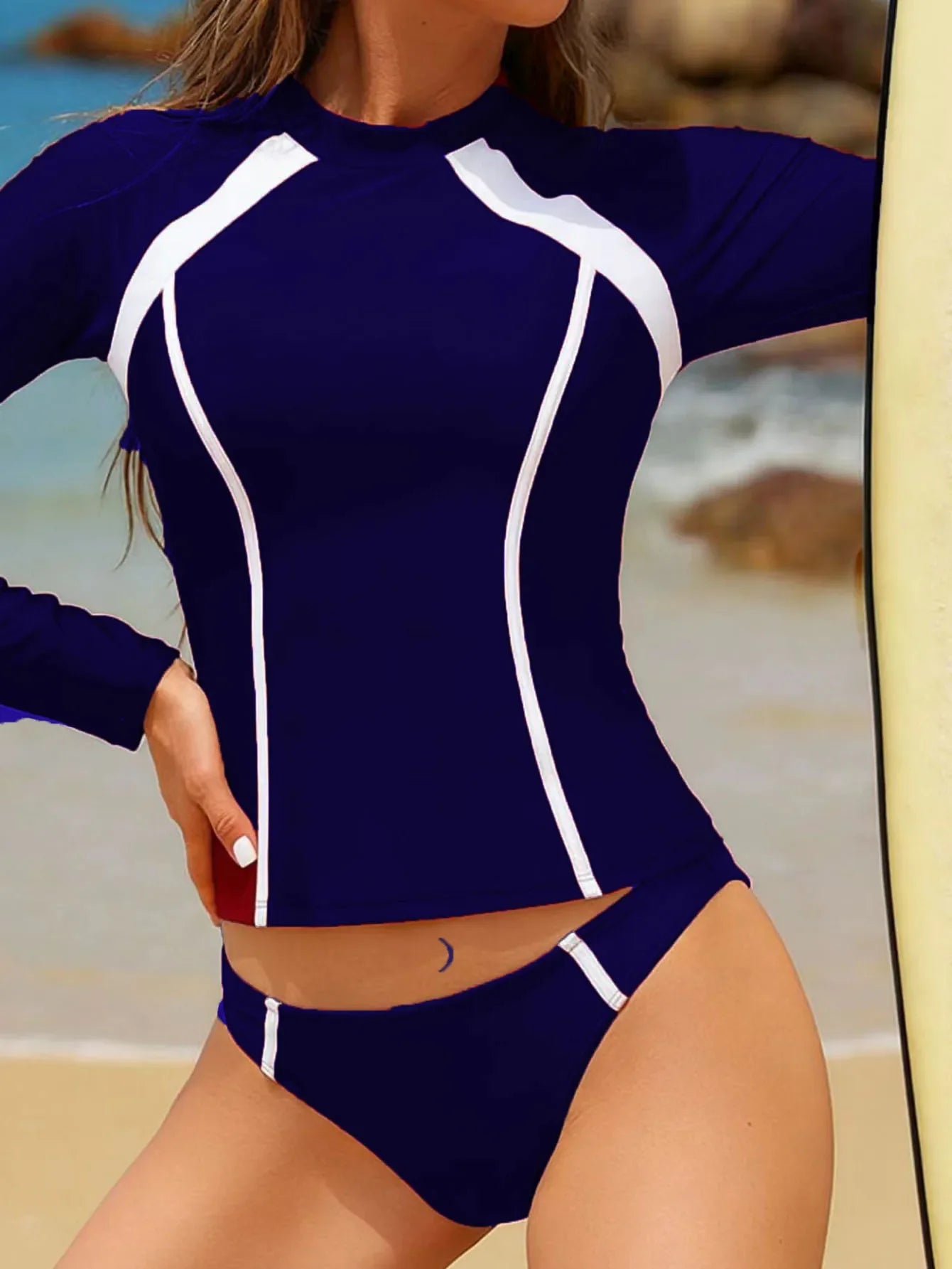 2026 Long Sleeves Slim Swimsuit Women 2 Pieces Solid Swimwear Female Rush Guard Bathing Swimming Swim Surf Suit Beachwear XXL