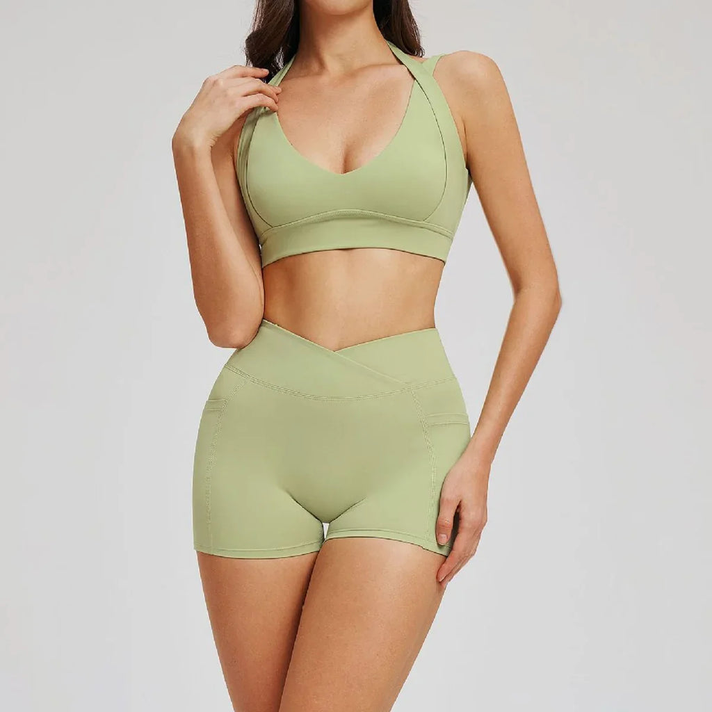 Women' Sports High Waist Shorts Set Fitness Cycling Elastic Sports Pants Yoga Bra Set Gym Sportswear Workout Set Athletic