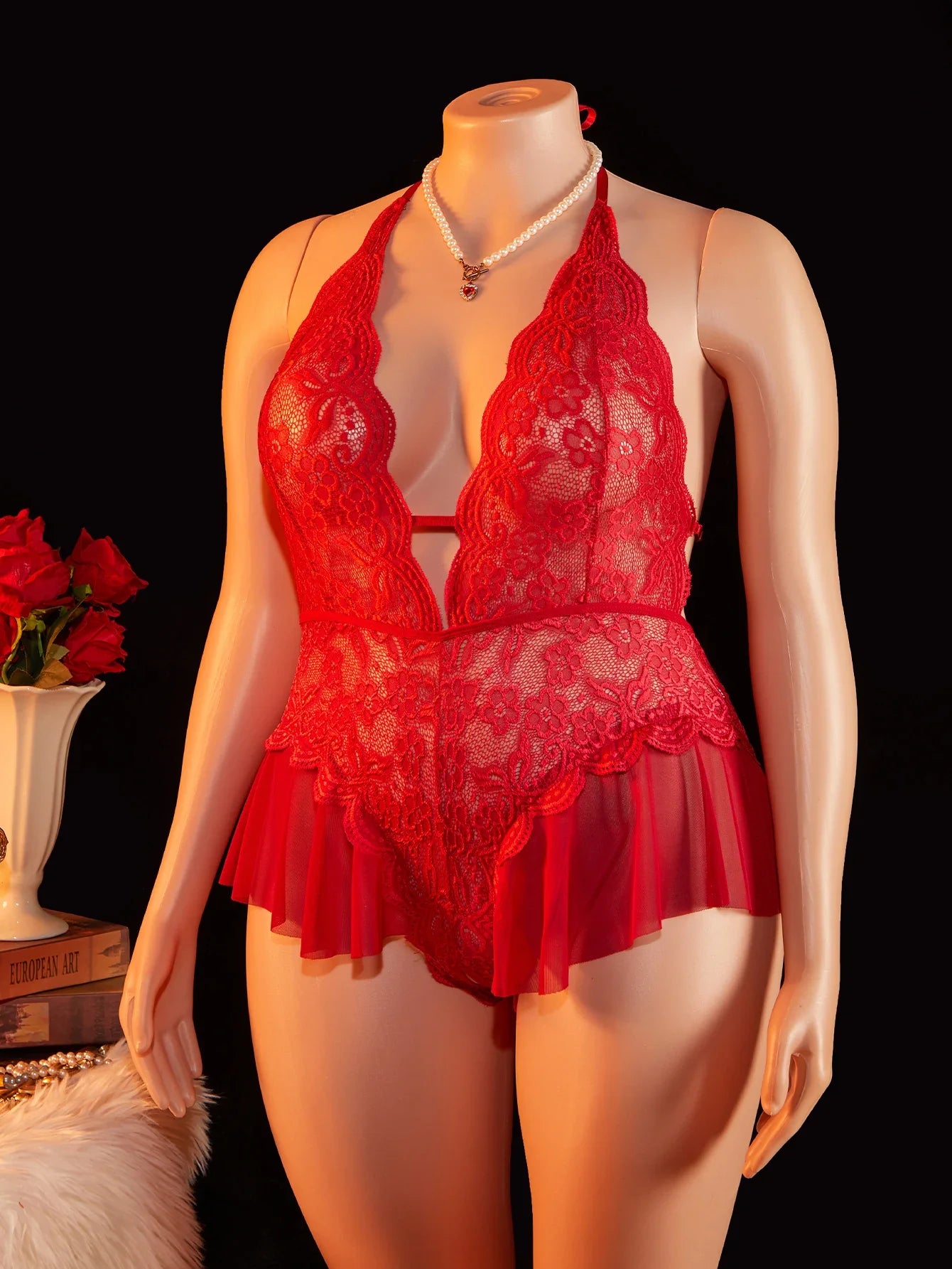 Adult Sexy Lace Teddy Bodysuit For Women Deep V Neck Open Back Halter Design Romantic Hot Women's Lingerie Babydoll Sleepwear