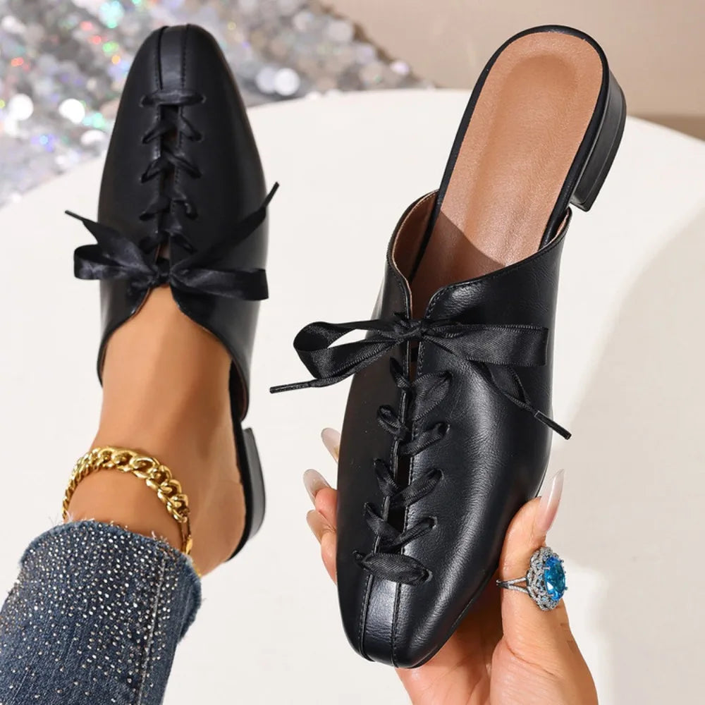 2026 New Retro Summer Brown Women's Slippers Thick Low Heels Square Head Lace Up Ladies Comfortable Outdoor Beach Sliders 35-45