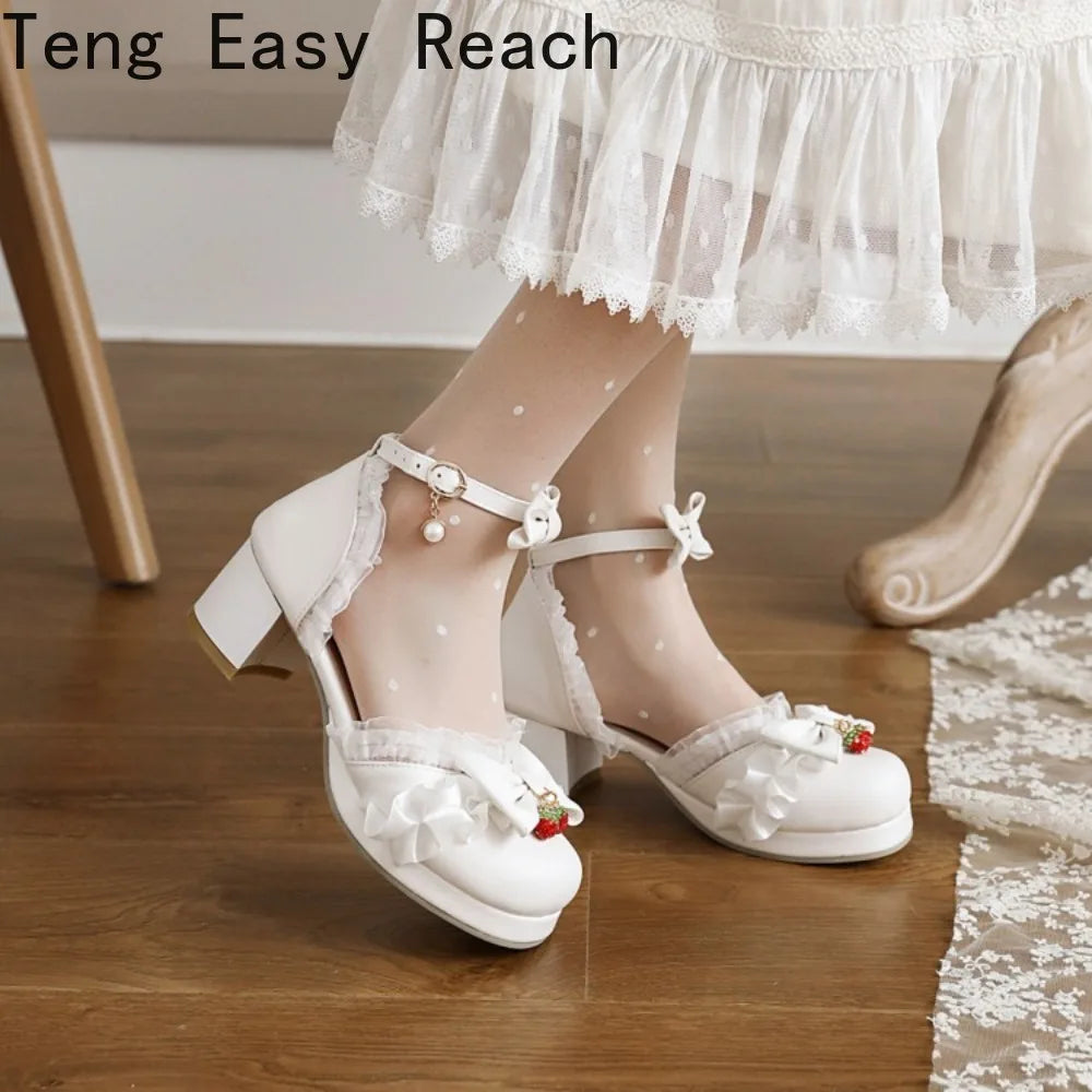 Women's White Pink Bowknot Single Sandals Ruffles High Heels Girls Student Mary Janes Lolita Party Dress Shoes Size 32-48 French