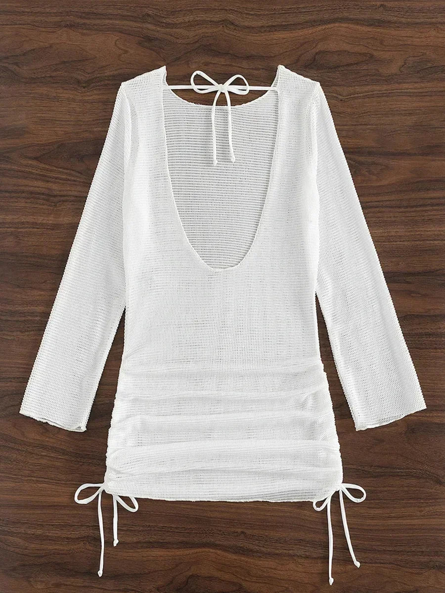 S - XL Long Sleeve Backless Crochet Knitted Tunic Beach Cover Up Women Cover-ups Beach Dress Beach Wear Female Beachwear