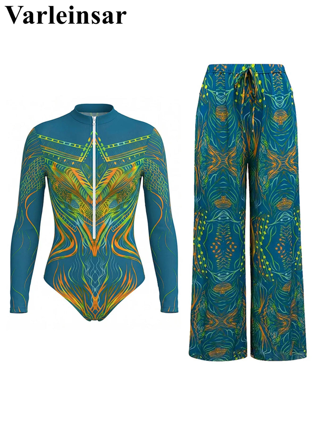 S - XXL New Printed Long Sleeve With Pants Zipper Women Swimwear One Piece Swimsuit Female Padded Bather Bathing Suit Swim V8356