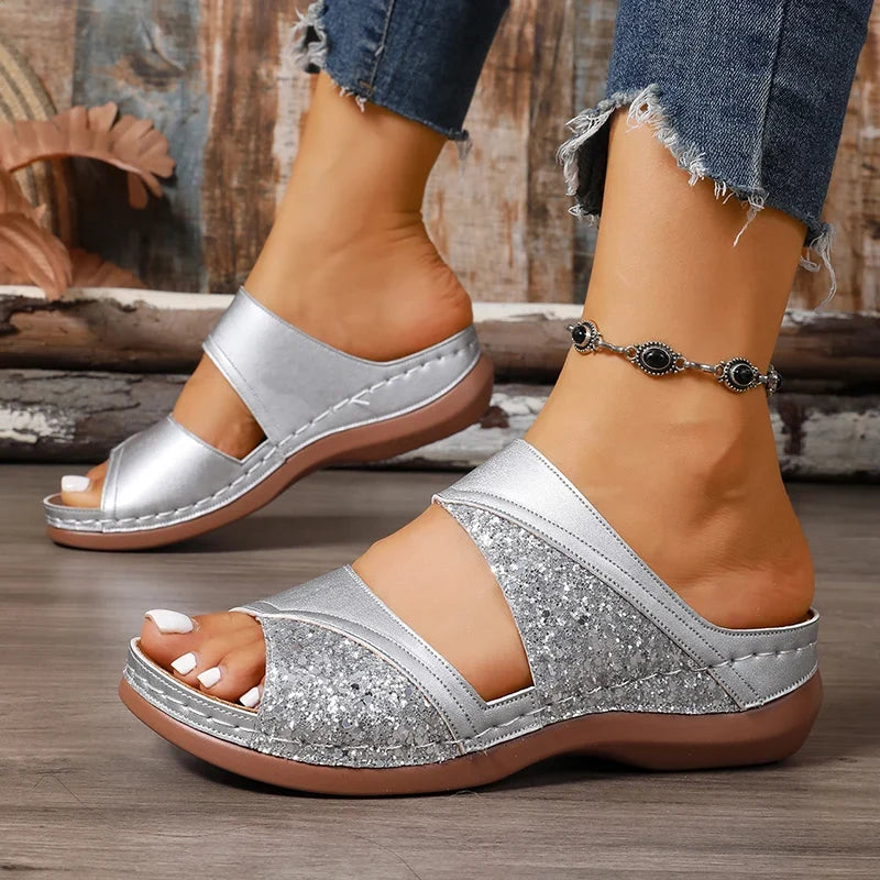 Golden Glitter Platform Sandals for Women Summer Lightweight Wedge Heel Sandles Woman Plus Size 43 Thick Sole Sandalias Mujer