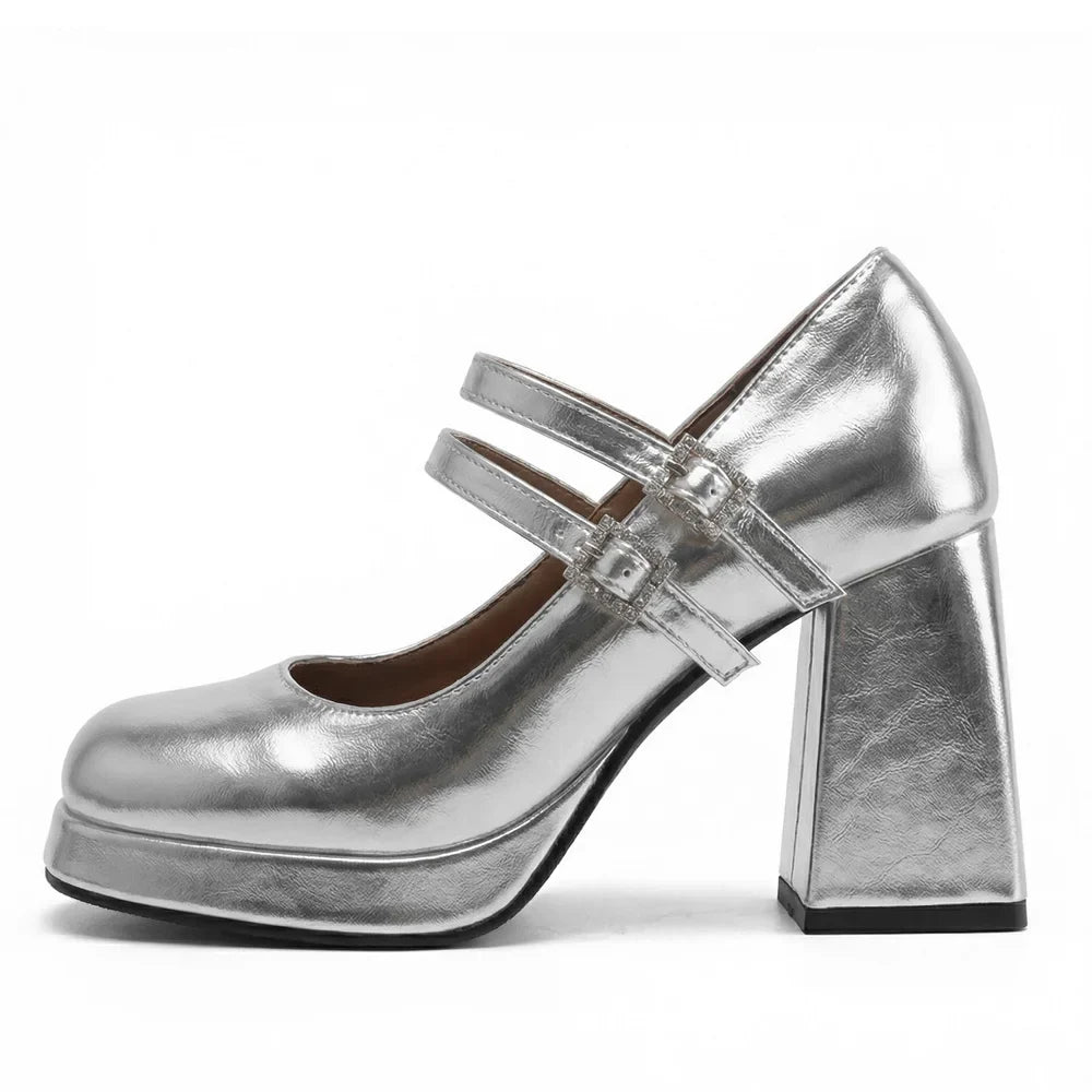 Big Size 32-46 Y2K Metallic Mary Jane High Heels Women Shoes Round Toe Double Straps Rhinestone Buckle Platform Block Heel Pumps
