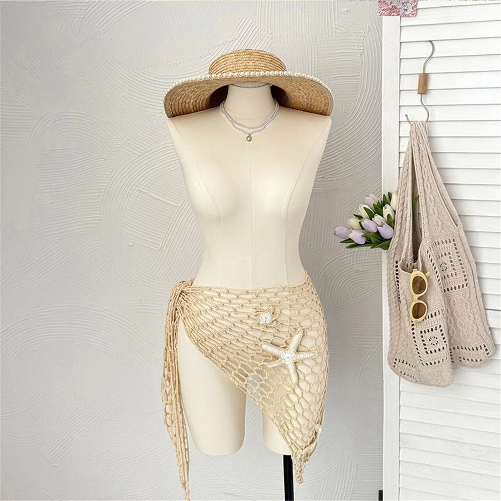 New 3D Star Hollow Out Crochet Knitted Sarong Pareo Beach Dress Beach Wear Beachwear Beach Cover Up Cover-upsFemale Women V7309