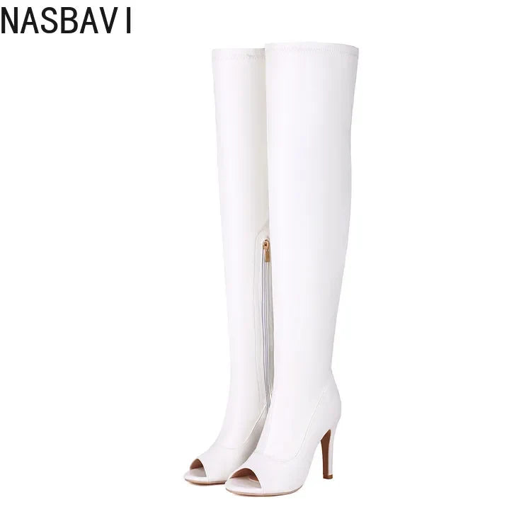 NASBAVI Super High Slim Heel Peep Toe Hollowed Boots Zipper Elastic Boots Leopard Print Flock Material Over The Knee Boots 35-48