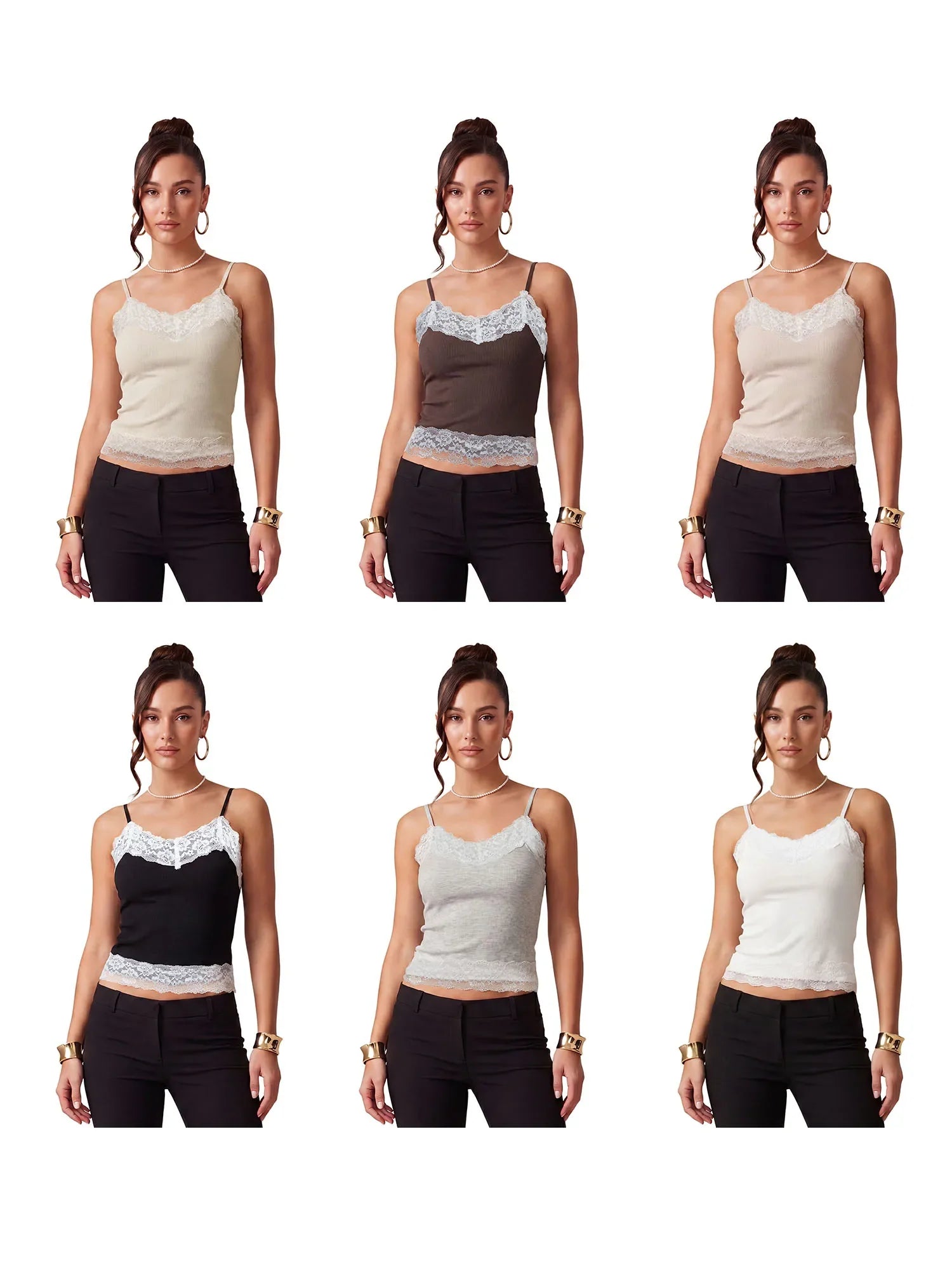 Women's Summer Solid Color Slim Fit Camisoles Spaghetti Strap Stylish Lace Trim Crop Tops