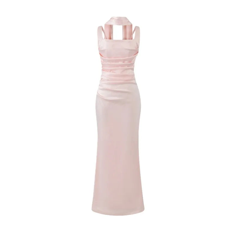 Pure Desire Style Collarbone-revealing Strapless Long Dress Feminine And Slim-fitting With Pleated Waist Tie Straps Bodycon LWIO