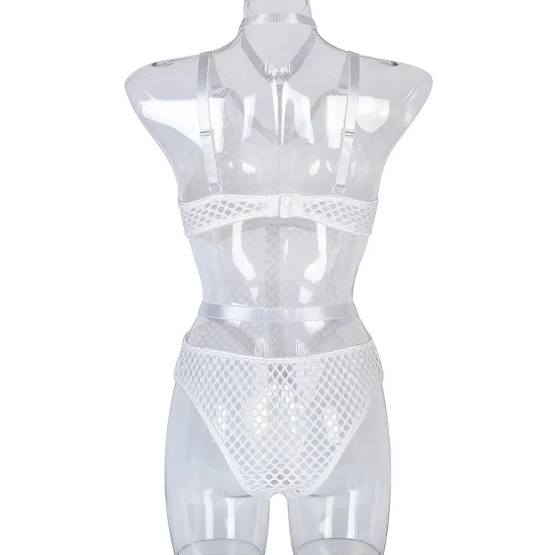 Toucheart Erotic Halter Bodysuit Large Mesh Splicing Andheavy Craftsmanship Women Hollow Seductive Intimate Hot Private Bodysuit