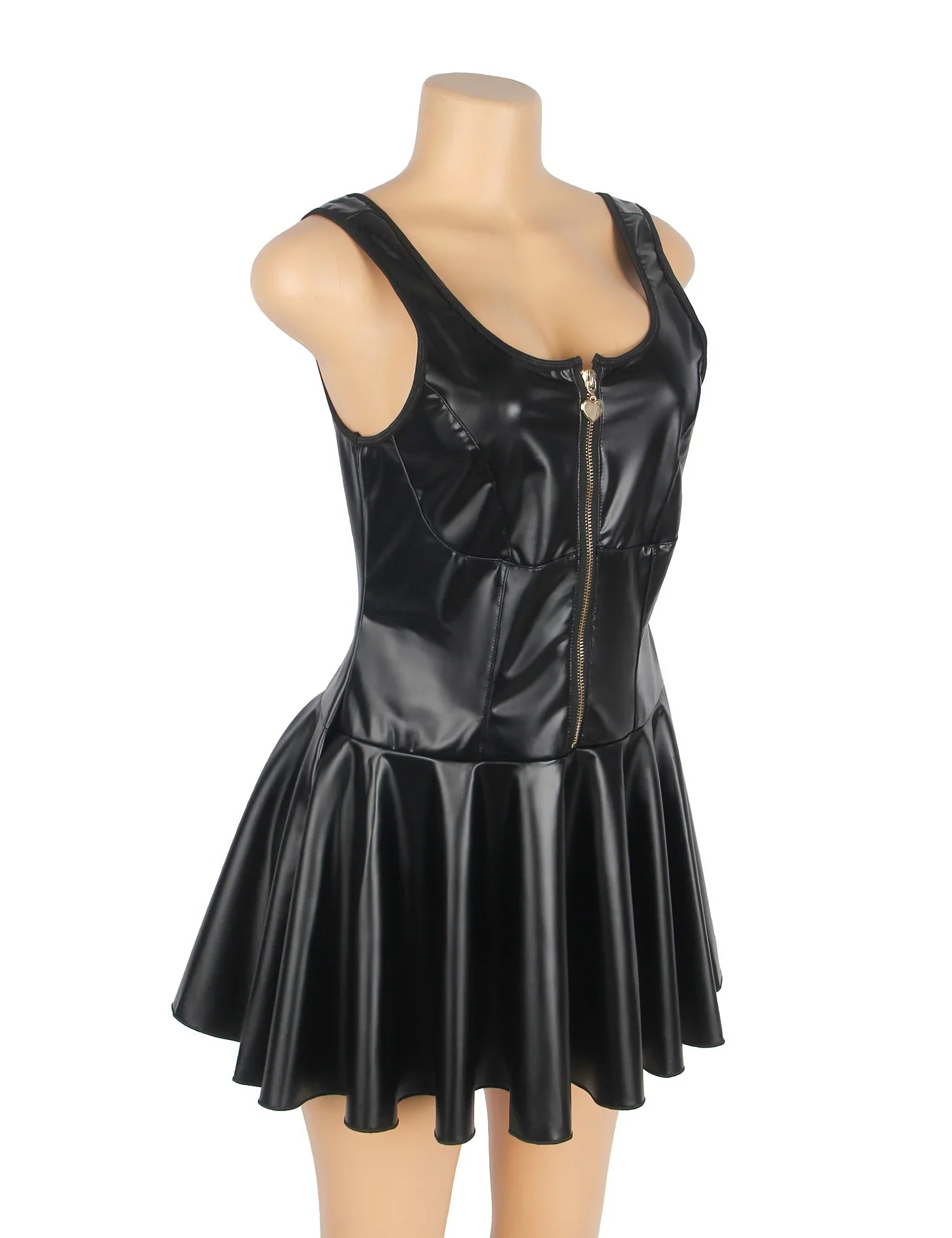 Black PU Leather Wide Strap Mini Dress for Women Heart Zipper Sexy Night Out Clubwear Plus Size Faux Leather Bodycon Babydoll