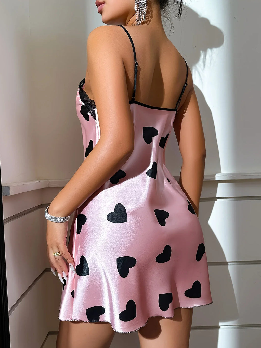 Valentine's Days Sexy Backless Ice Silk Stain Slip Mini Dress Women Nightdress Heart Printed Lace Pajamas Night Wear Nighties