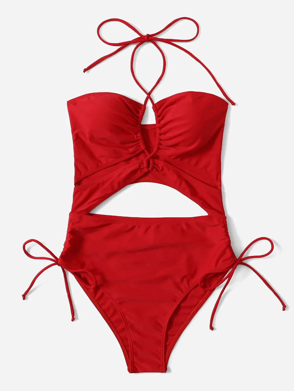 2026 Drawstring Swimsuit Solid Cut Out Knot Halter One Piece Swimwear Women Padded Bathing Suit Female Swimming Summer Beachwear
