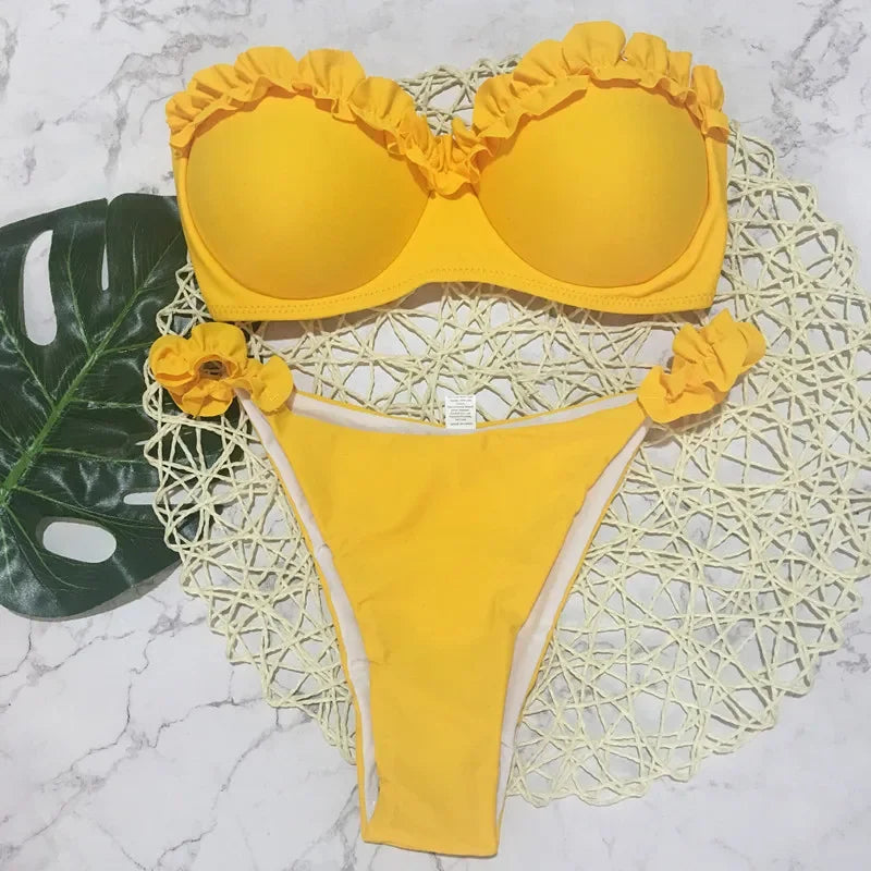 Sexy Ruffled Frilled Bra Cup Bikini 2026 Women Bandeau Swimsuit Female Swimwear Two Pieces Bikini Set Push Up Bathing Suit Swim