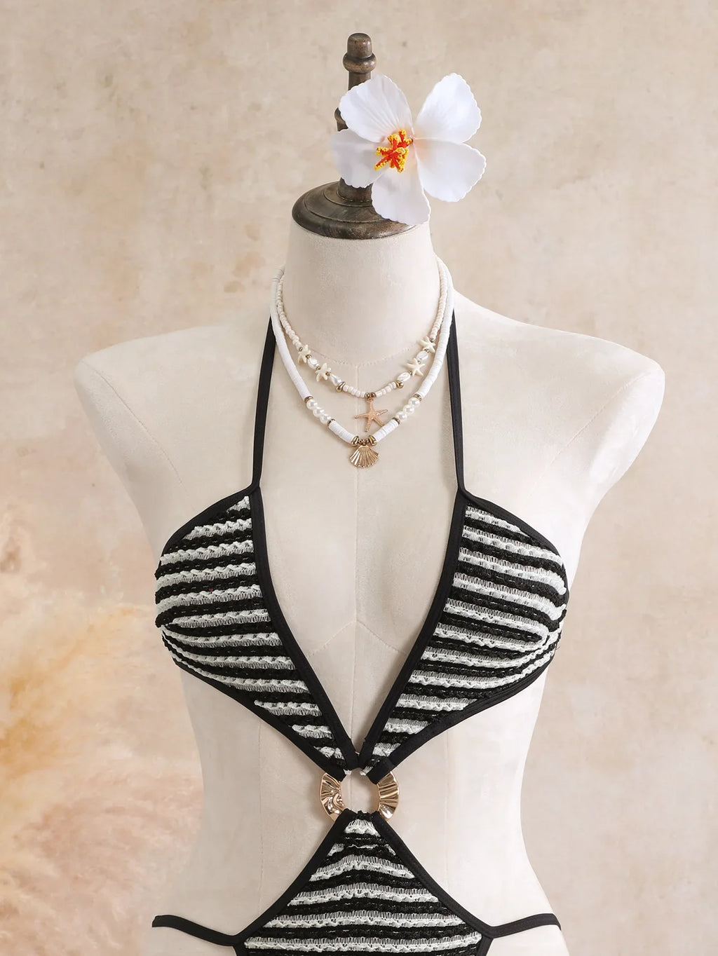 Sexy Black Stripe Knitted One Piece Swimwear Skirts Sets 2026 Women Metal Circle Hollow Out Backless Bathing Suit Thong Swimsuit