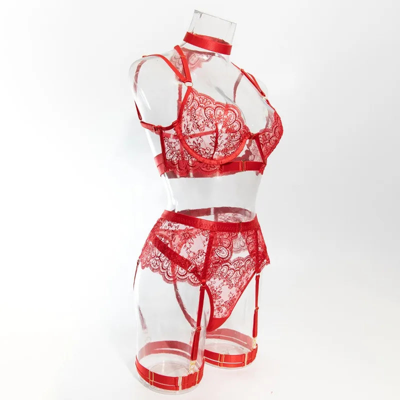 Toucheart 5 Piece Sexy Embroidery Underwear Set for Women Mesh Patchwork See-through Halter Underwear Garters Sexy Lingerie Set