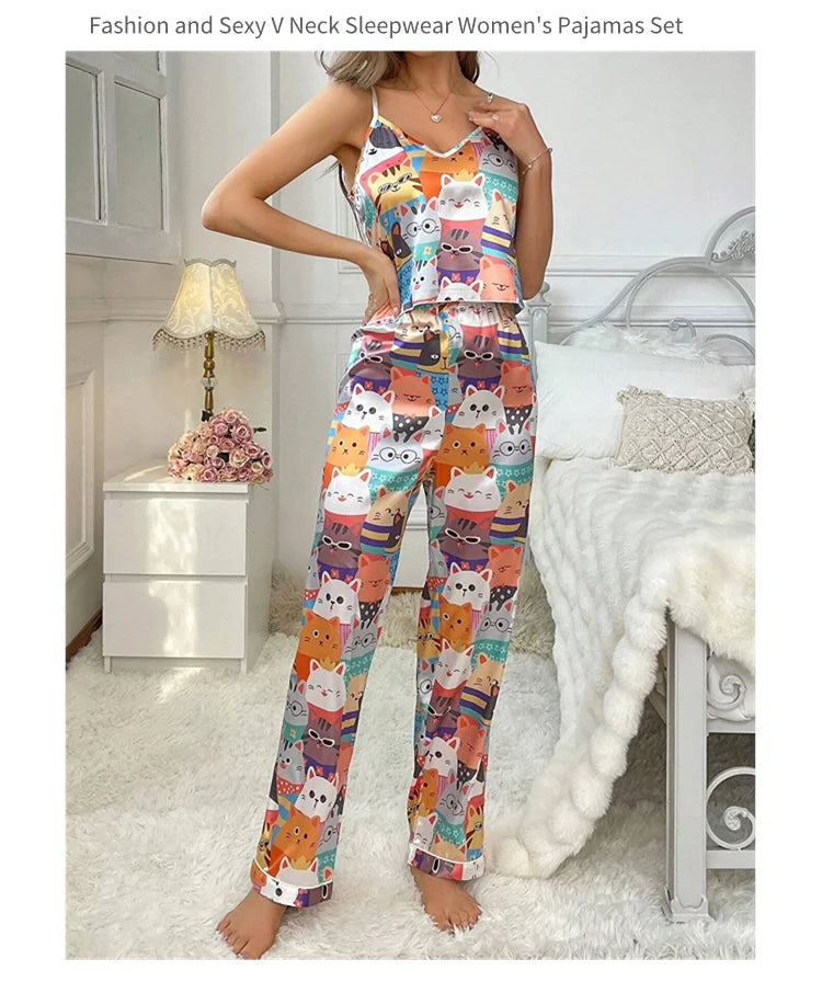Pajama For Women Home Clothes Summer Satin Sleepwear Pj Set Sexy V Neck Cami Tops with Comfortable Elastic Pants Pyjama 2 Piece